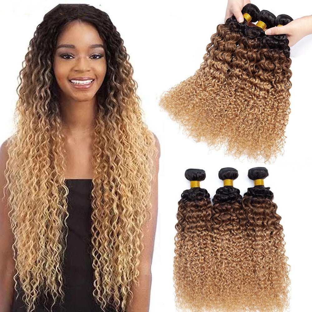 10A Grade Ombre 27 Kinky Curly 1B/4/27 BUNDLES with 4x4 CLOSURES & 1 - Mein ShopCerise Alfie10A Grade Ombre 27 Kinky Curly 1B/4/27 BUNDLES with 4x4 CLOSURES & 1
